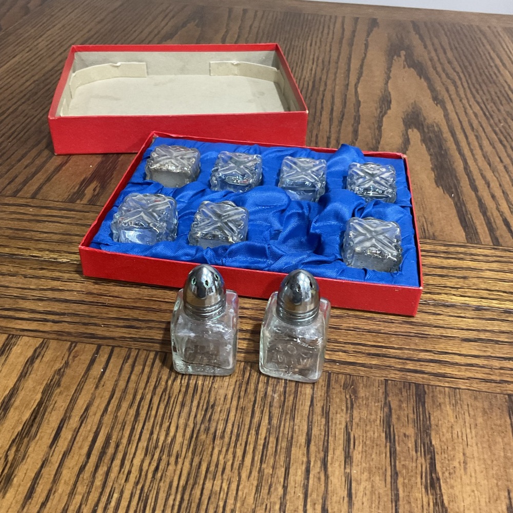 Elegant Mini Silver and Glass Salt and Pepper Shaker Set in box